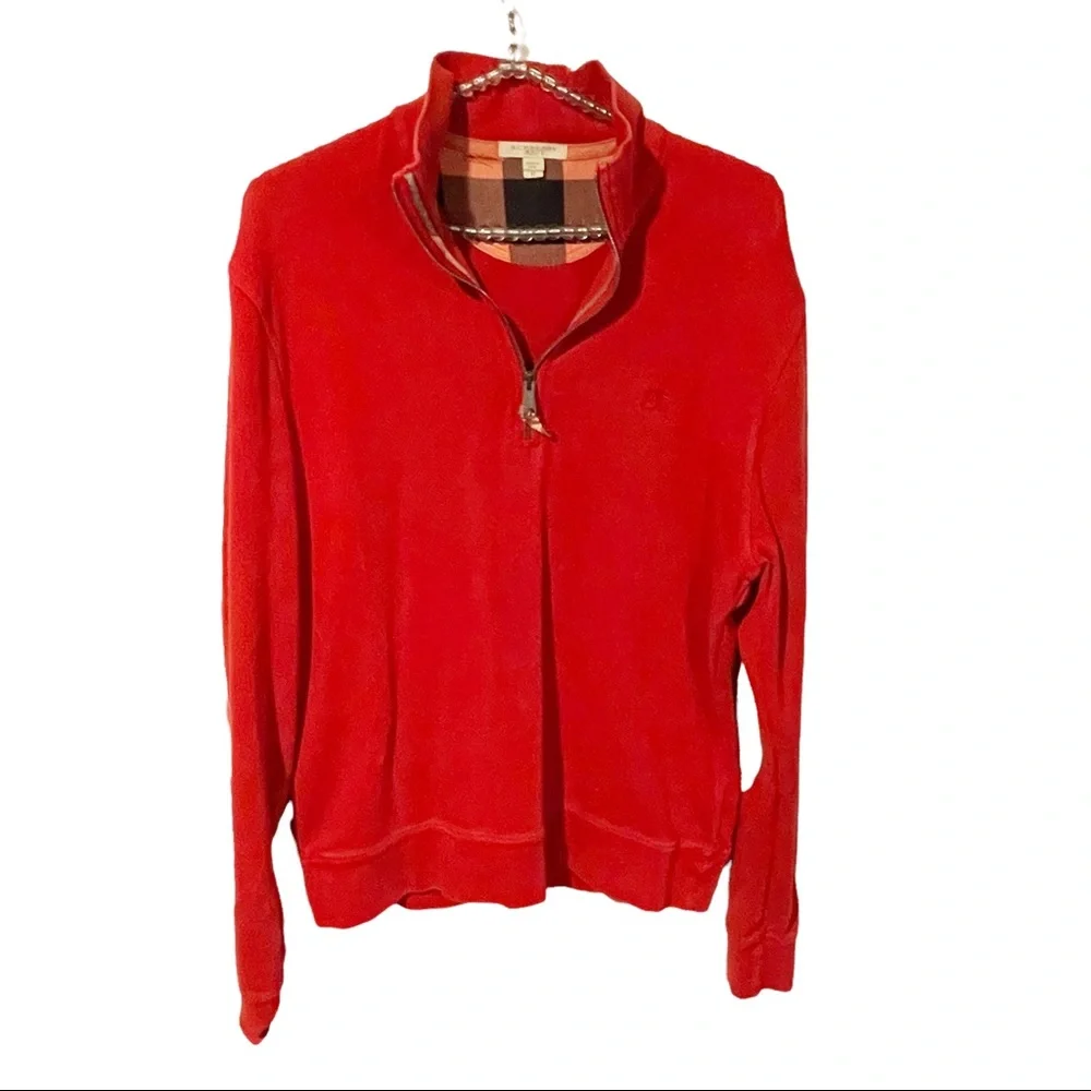 Burberry Mens Medium Red Plaid Elbow Patch Quarter Zip Cotton Sweatshirt